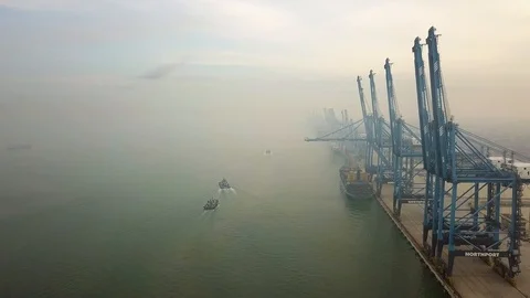 Aerial shot of Quay Cranes at Container Port, Port Klang, Malaysia Stock Footage 112402181