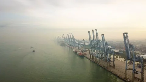 Aerial shot of Quay Cranes at Container Port, Port Klang, Malaysia Stock Footage 112402662