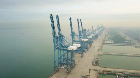 Aerial shot of Quay Cranes at Container Port, Port Klang, Malaysia Stock Footage 112402793