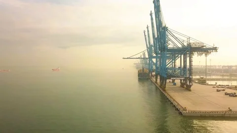 Aerial shot of Quay Cranes at Container Port, Port Klang, Malaysia Stock Footage 112403668