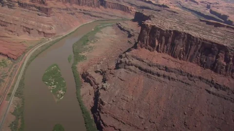 Aerial shot of red rock cliffs and colorado river Stock Footage 75172935