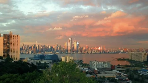 Aerial shot revealing dramatic view of New York City 4K Stock Footage 94677716