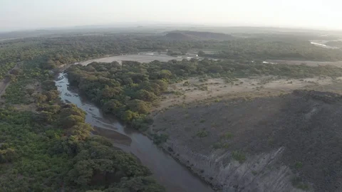 Aerial Shot of River and Surrounding Areas in the remote and arid Turkana, Kenya Stock Footage