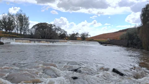 An aerial shot of a river flowing downstream Stock Footage 288208403
