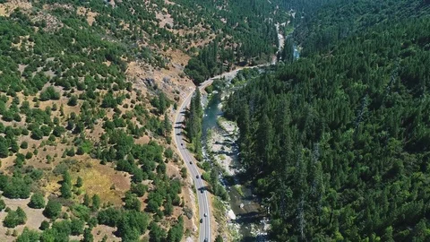 Aerial shot of river running trough the forrest Stock Footage 79582397
