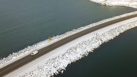 Aerial Shot of road with snow and water, Nova Scotia, Canada Stock Footage 101649755