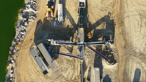 Aerial shot of a rock sorting conveyor belt at a mineral mine Stock Footage 196780062