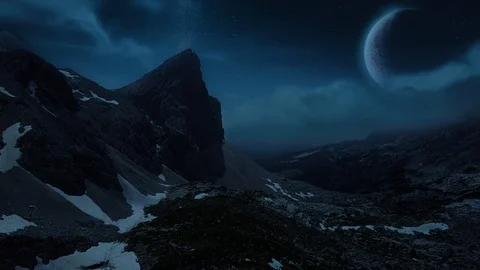 Aerial shot rocket launch towards a mountain at night with stars, planet or moon Stock Footage 99738785