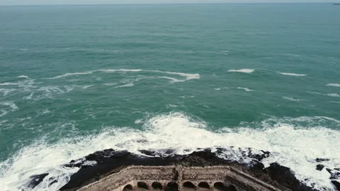 Aerial shot of Rumeli Lighthouse and fortress in the Black Sea coast of Istanbul Stock Footage 150621996