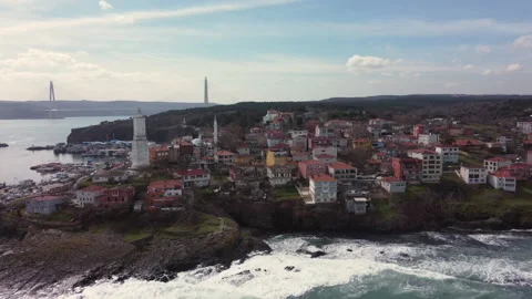Aerial shot of Rumeli Lighthouse in the Black Sea coast of Istanbul Stock Footage 150622512
