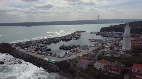 Aerial shot of Rumeli Lighthouse in the Black Sea coast of Istanbul Stock Footage 150631590