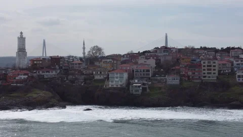 Aerial shot of Rumeli Lighthouse in the Black Sea coast of Istanbul Stock Footage 150636039