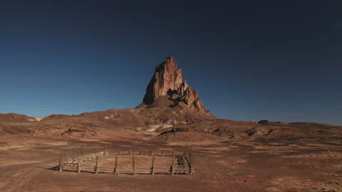 Aerial shot of a rustic cattle corral in the desert of Monument Valley Video stock 147964422