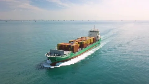 Aerial shot of sailing container ship, Singapore Strait Stock Footage 119089733