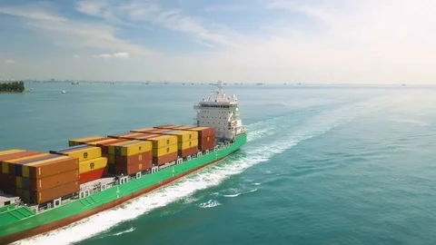 Aerial shot of sailing container ship, Singapore Strait Stock Footage 119089754