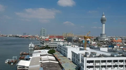 Aerial shot of Samutprakarn tower knowledge park. The new landmarks in town Stock Footage 83938240