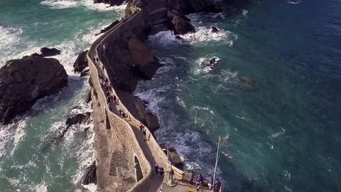 Aerial shot of San Juan de Gaztelugatxe, Spain Stock Footage