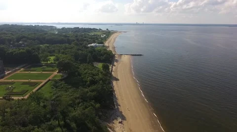 Aerial shot of Sands Point Preserve in NY, Coastal Flyover Stock Footage