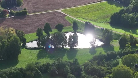 Aerial shot of a serene pond among trees in the middle of the countryside 스톡 동영상 331114853