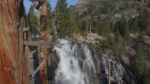 Aerial shot, shadow of multi-rotor flying down Redwood and waterfall 001729 Stock Footage 90643170