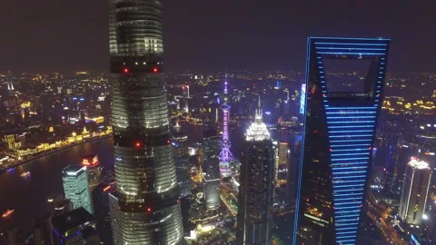 AERIAL shot of Shanghai cityscape and skyline at night/Shanghai,China Stock Footage 97631653