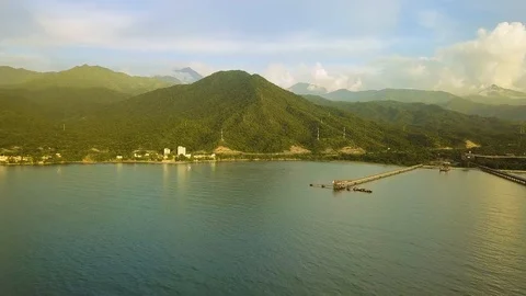 Aerial shot of ship berth with mountain ,Santa Marta, Columbia Stock Footage 102250997