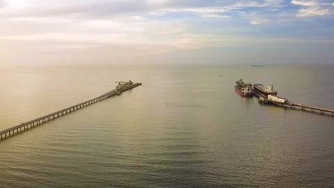 Aerial shot of ship berth with mountain ,Santa Marta, Columbia Stock Footage 102251009