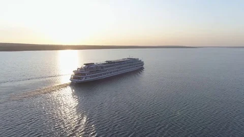 Aerial shot of ship in river Stock Footage 84459802