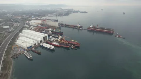 Aerial shot shipyard Stock Footage 230488073