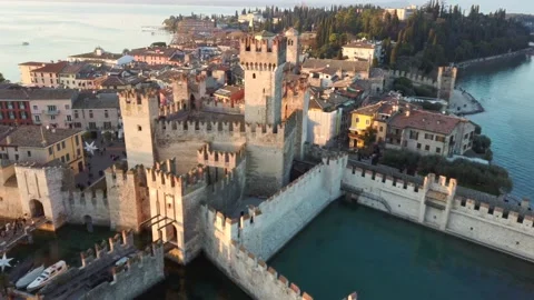 Aerial shot of Sirmione Tower, Garda Lake Italy Europe Stock Footage