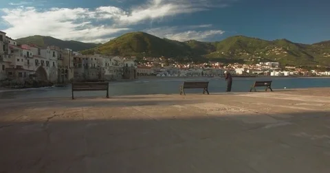 Aerial shot slowly moving forward in Cefalu Stock Footage 76990913