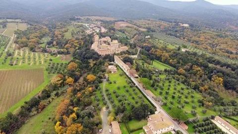 Aerial shot, a small ancient town situated in Tuscany 스톡 동영상 73880296