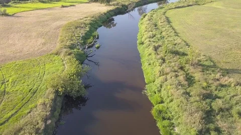 Aerial shot of small, curvy river on the green meadow. Stock Footage