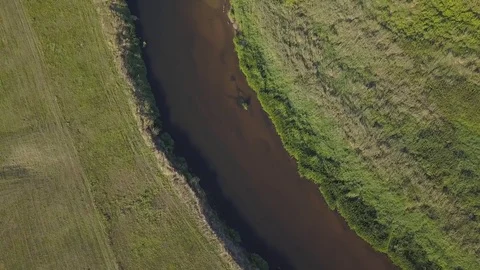 Aerial shot of small, curvy river on the green meadow. Vídeo Stock 79622940