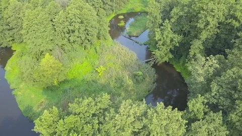 Aerial shot of small, curvy river on the green meadow. Stock-Footage 80503538