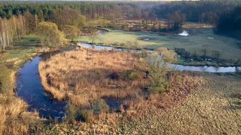 Aerial shot of small, curvy river. Small river seen from above in spring light. 스톡 동영상 88559426