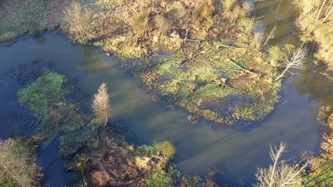 Aerial shot of small, curvy river. Small river seen from above in spring light. 스톡 동영상 88559840