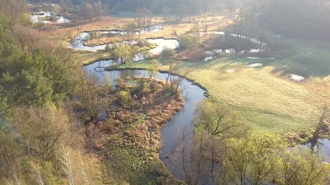 Aerial shot of small, curvy river. Small river seen from above in spring light. Stock-Footage 88560107