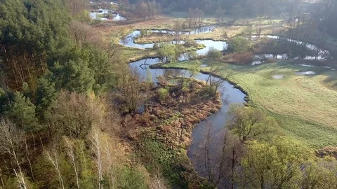 Aerial shot of small, curvy river. Small river seen from above in spring light. 動画素材 88561087