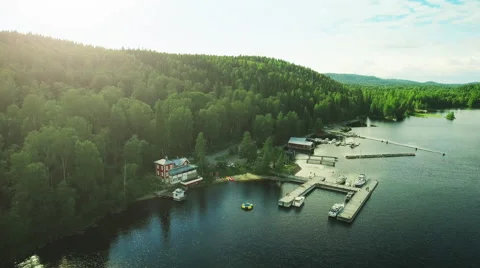 Aerial Shot of Small Dock in River Surrounded by Forest Stock Footage 65249580
