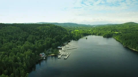 Aerial Shot of Small Dock in River Surrounded by Forest Stock Footage 65252376