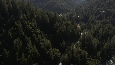 Aerial Shot of small gold rush down in Sierra Mountains - Downieville Stock Footage 110923402