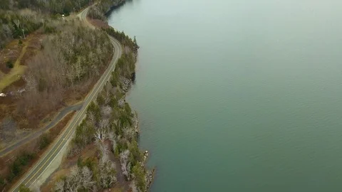 Aerial shot of small town with river during Autumn, Nova Scotia, Canada Stock Footage 102248178