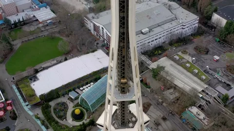 Aerial shot of Space Needle elevator going up. Seattle, Washington - January Video stock 238711852