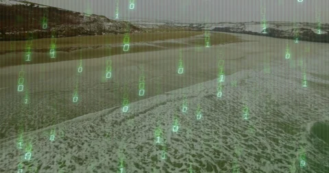 Aerial shot spawning green binary digits cascading across beach waves showing Stock Footage 313494255