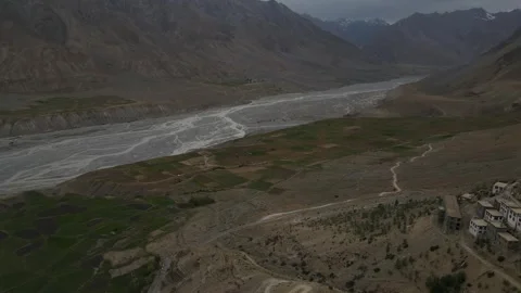 Aerial shot of Spiti river forming a beautiful pattern in kaza. Stock Footage 249243484
