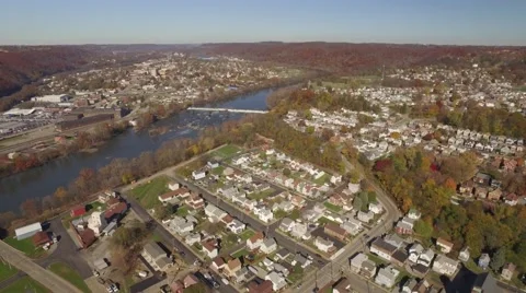 Aerial Shot Split Between Beaver Falls and New Brighton, Pennsylvania Stock Footage 58333674