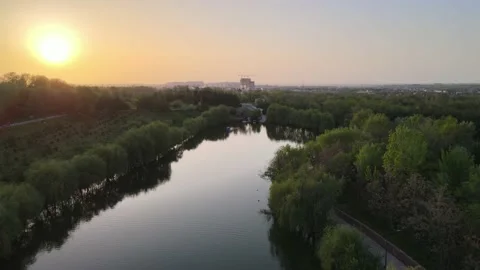 Aerial shot of spring park sunset on the lake Flight over the lake Stock Footage 233491323