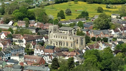 Aerial Shot of St Peter and St Pauls Church in Clare, Suffolk, UK Stock Footage 340200504