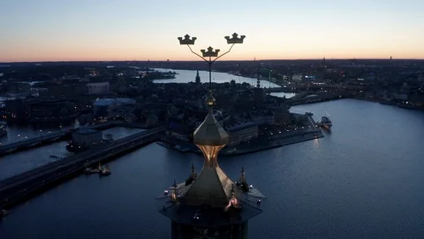 Aerial shot of Stockholm City & town hall during sunrise Stock Footage